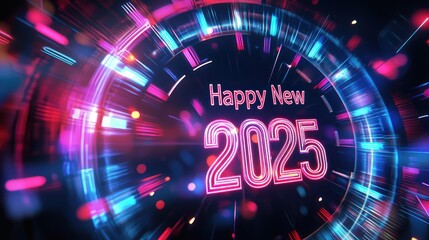 An abstract countdown timer projected in neon colors with "Happy New Year 2025" as the final message.