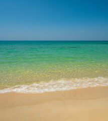 Fototapeta premium Horizon photogrphy beautiful landscape summer season vertical view tropical sea beach white sand clean blue sky background calm nature ocean wave water travel holiday at samae san island sun day time.