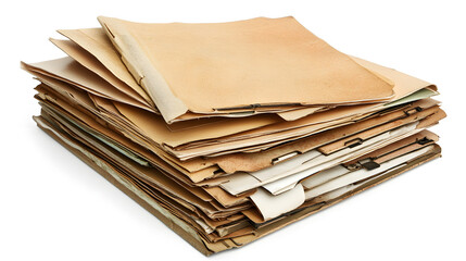Stack of aged, worn paper files and documents isolated on white background.