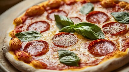 A freshly baked pizza with bubbling cheese, pepperoni slices, and aromatic basil leaves
