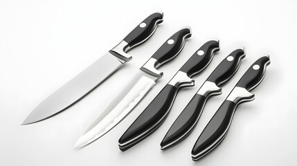 Obraz premium Stainless steel kitchen knives with black handles isolated on white background.