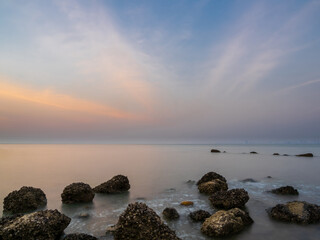 Sunset sea panorama long exposure view landscape horizon beautiful summer season shore nobody wind wave cool holiday look calm sky twilight evening day time nature tropical coast ocean water travel