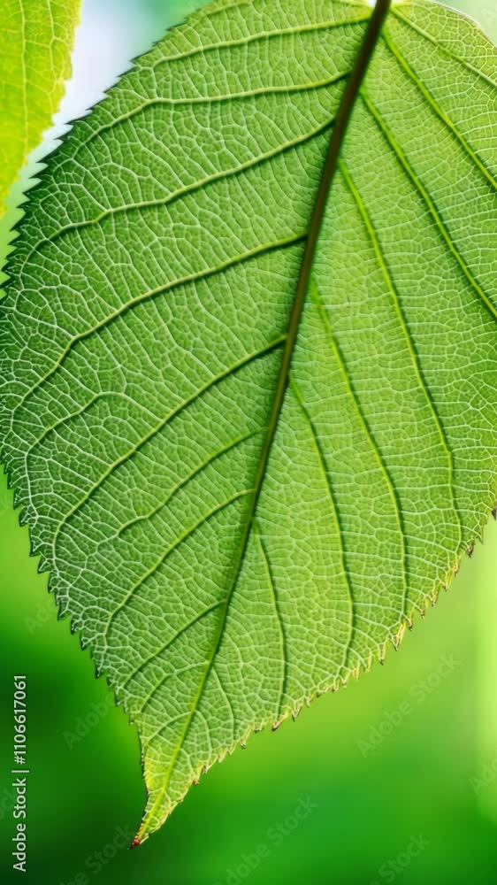Poster close-up view of a vibrant green leaf showcasing intricate vein patterns in a natural setting