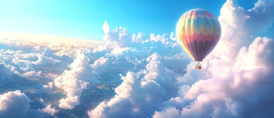 Fototapeta premium A realistic image of a colorful hot air balloon floating high above scenic landscapes, with soft clouds and a vast blue sky in the background 
