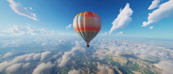 A realistic image of a colorful hot air balloon floating high above scenic landscapes, with soft clouds and a vast blue sky in the background 