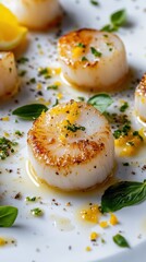 きれいな白い皿に、レモンとハーブを添えたグルメなホタテのソテー
