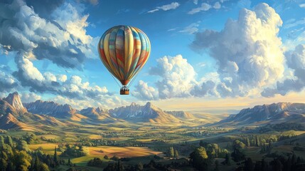 Naklejka premium A realistic image of a colorful hot air balloon floating high above scenic landscapes, with soft clouds and a vast blue sky in the background 
