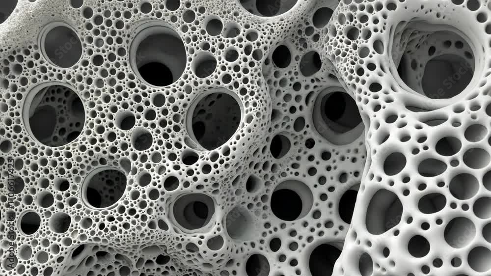 Poster intricate structure displaying hollow spheres and porous patterns in a microscopic view