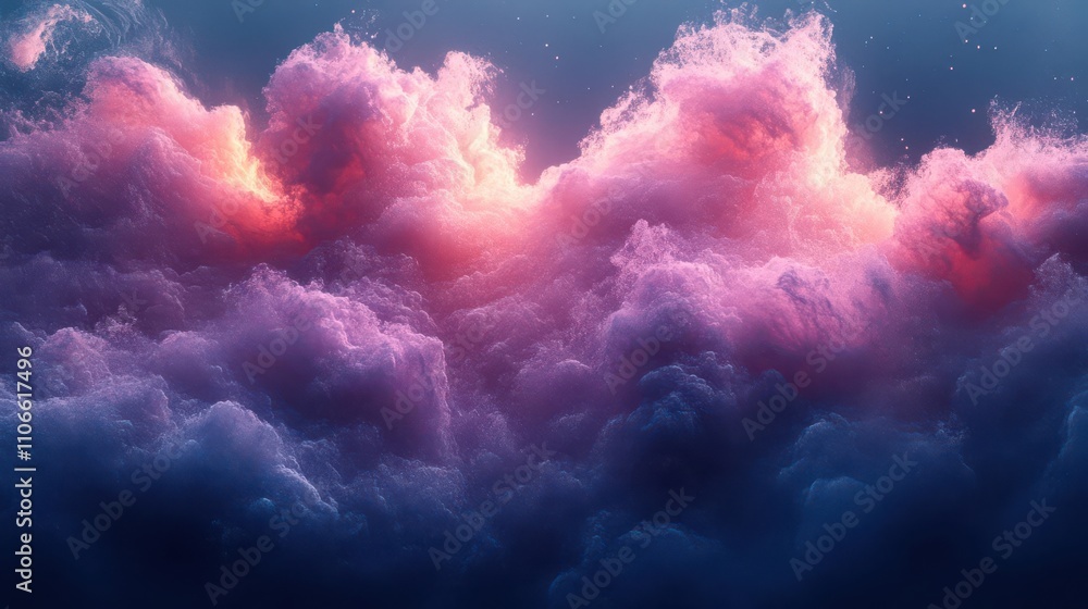 Poster a vibrant display of colorful clouds illuminated by soft light, creating a dreamy and serene atmosph