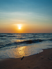 Fototapeta premium Landscape horizon viewpoint vertical summer shore sea beach nobody wind wave cool holiday look calm big sunset sky twilight evening on day time nature tropical coast beautiful ocean water travel