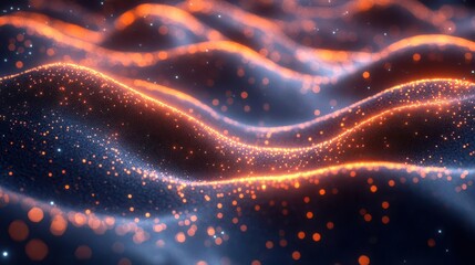 A mesmerizing abstract image showcasing flowing waves of light with glowing particles in vibrant orange and deep blue tones.