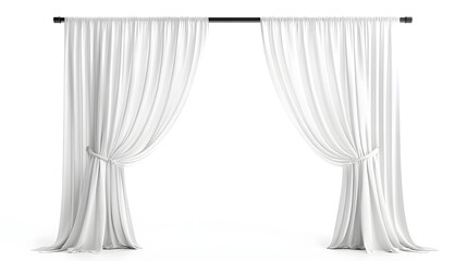 White curtains with rod, isolated on white background.