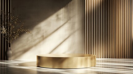 Obraz premium A stunning 3D rendering of a golden podium illuminated by a dramatic light beam, set against a sleek striped background, creates an elegant stage for showcasing products in a captivating presentation.