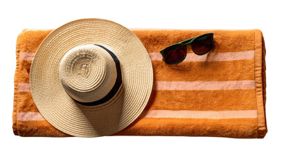 Beach essentials including a straw hat, sunglasses, and a vibrant orange towel.