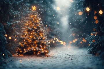 Obraz premium blurry christmas background with a beautifully lit tree adorned with sparkling garlands and snowflakes, creating a magical festive atmosphere perfect for holiday celebrations