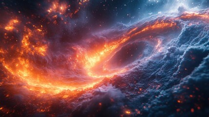 Fototapeta premium A vibrant cosmic scene featuring swirling clouds of gas and fiery elements, evoking the beauty and mystery of the universe.