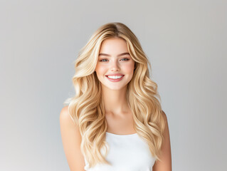 portrait of a blonde caucasian beauty model with trendy wavy medium-long hairstyle