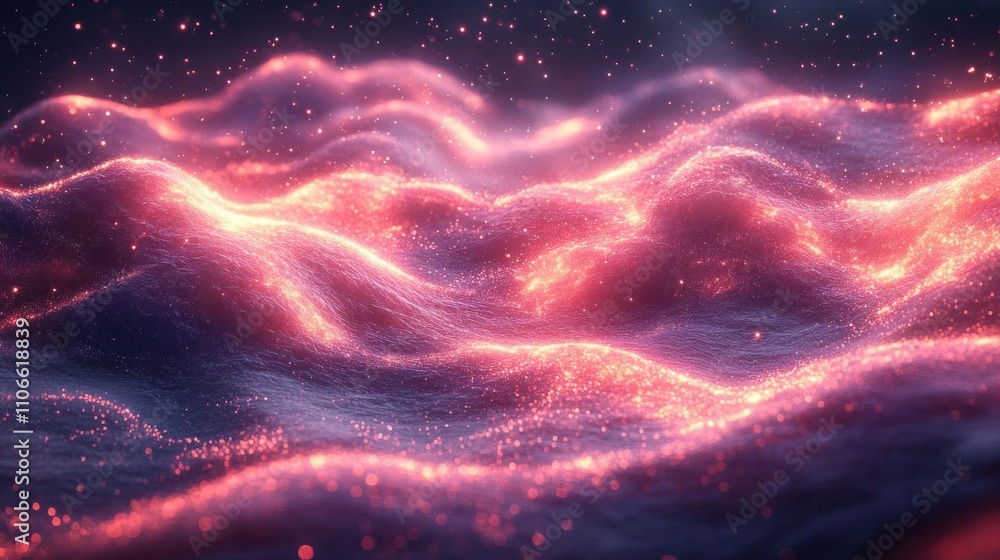 Poster a mesmerizing display of glowing waves, showcasing vibrant colors and sparkling particles that creat