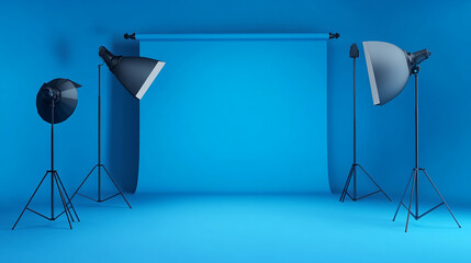 Studio setup with blue background and lighting equipment for photo shoots