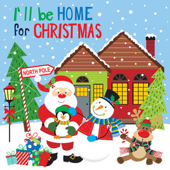 Christmas card design with Santa, snowman, reindeer, penguin and house