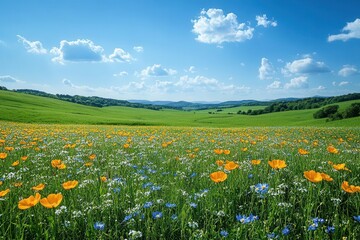 bright summer scene featuring lush green fields and a clear blue sky, embodying warmth and the carefree spirit of the season with vibrant flowers dotting the landscape