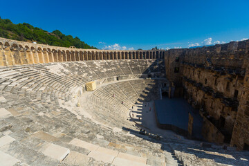 Panorama of the well-preserved Roman theatre in Aspendos in Antalya, Turkey
