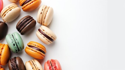 Obraz premium Assorted multicolored macaroons on white background with space for text