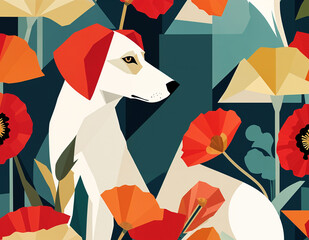 Create a modern abstract artwork inspired by Art Deco and Cubism. The composition should feature a vibrant red poppy flower with intricate details and a stylized dog - generated by ai