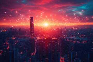 Fototapeta premium business executives connecting through digital networks, showcasing a vibrant city skyline at sunset, with bright lights and colors reflecting a modern work environment