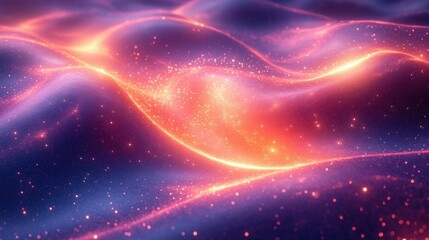 Fototapeta premium A vibrant, abstract representation of flowing waves illuminated with glowing particles in shades of blue, pink, and orange, suggesting a cosmic or ethereal theme.