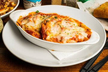 Baked ziti in a dish