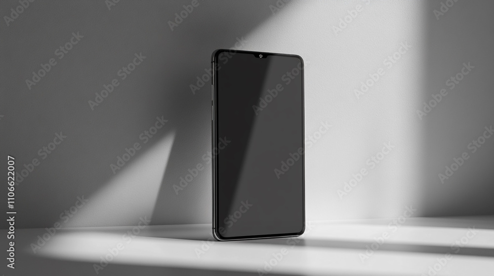 Poster smartphone standing on a surface with dramatic shadows casting from a light source