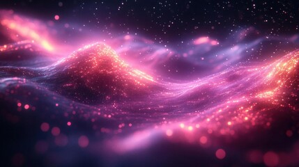 Fototapeta premium A vibrant, abstract representation of glowing waves with pink and purple hues, set against a dark cosmic background filled with sparkling particles.