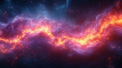 Fototapeta premium A vibrant cosmic scene featuring swirling colors of blue, purple, and fiery orange, resembling a nebula in deep space.