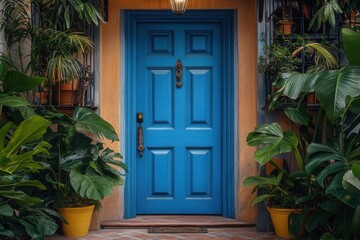 Fototapeta premium charming front entrance of a home featuring a vivid blue door, complemented by lush greenery and inviting pathway, reflecting warmth and hospitality