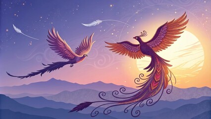 Fototapeta premium Symbol of Renewal One phoenix spirals upward its wings spread wide while the other glides just beneath. The sky behind them transitions from deep indigo to soft lavender and the