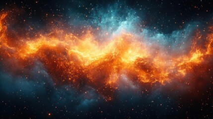 Naklejka premium A vibrant cosmic scene featuring swirling orange and blue gases against a dark backdrop, suggesting the grandeur of a nebula or interstellar phenomenon.