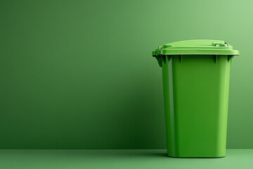 Green trash can with lid on urban sidewalk near a bus stop, people walking by, cloudy sky overhead.