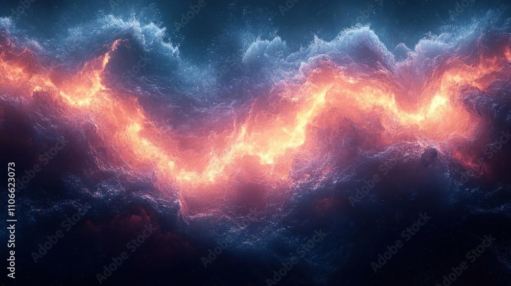 Poster a mesmerizing display of swirling clouds illuminated by fiery orange light, creating a dramatic cosm