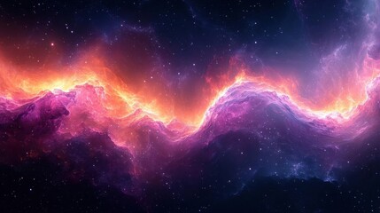A stunning cosmic landscape featuring vibrant nebulae in shades of pink, purple, and orange against a starry background.