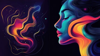 Abstract vibrant portrait of a woman's face with colorful flowing lines and cosmic elements.