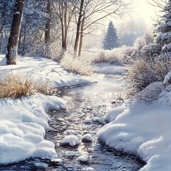 Sunlit stream flows through snowy winter forest.
