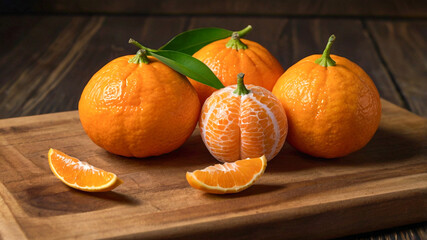 Fresh mandarins with leaves on rustic wooden board. 
