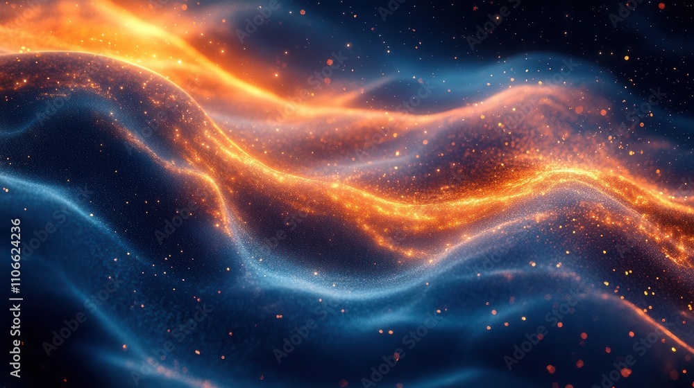 Poster a mesmerizing blend of orange and blue waves, creating a dynamic, fiery visual effect reminiscent of