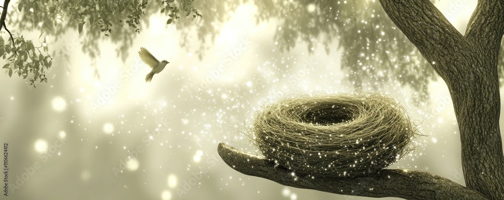 Poster a serene scene depicting a bird's nest on a tree branch, with a bird and sparkling light.