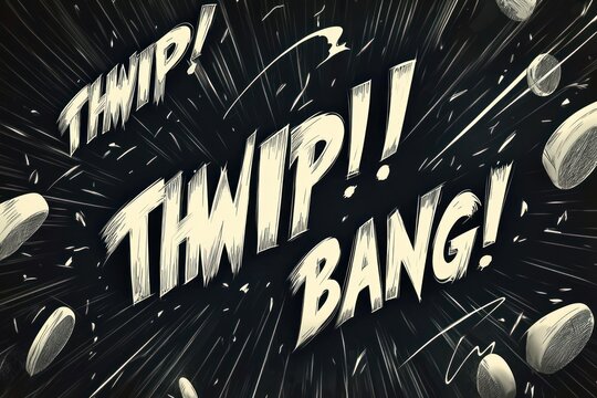 Comic-style sound effects featuring "THWIP!" and "BANG!" with dynamic motion lines.
