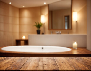 A serene and minimalist bathroom featuring warm wooden elements and a freestanding bathtub