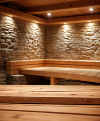 A serene and rustic sauna interior featuring a stone wall, wooden bench, and flickering candles.