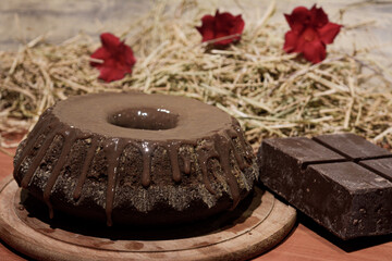 A delicious slice of chocolate cake topped with rich chocolate syrup. Soft texture, glossy appearance, perfect for dessert lovers.