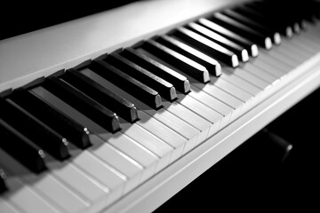 Synthesizer on black background, closeup. Electronic musical instrument